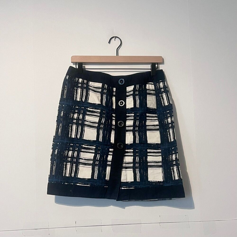 Ann Taylor Womens Plaid Skirt Size 6 Black White Green Trim Zip Pull On